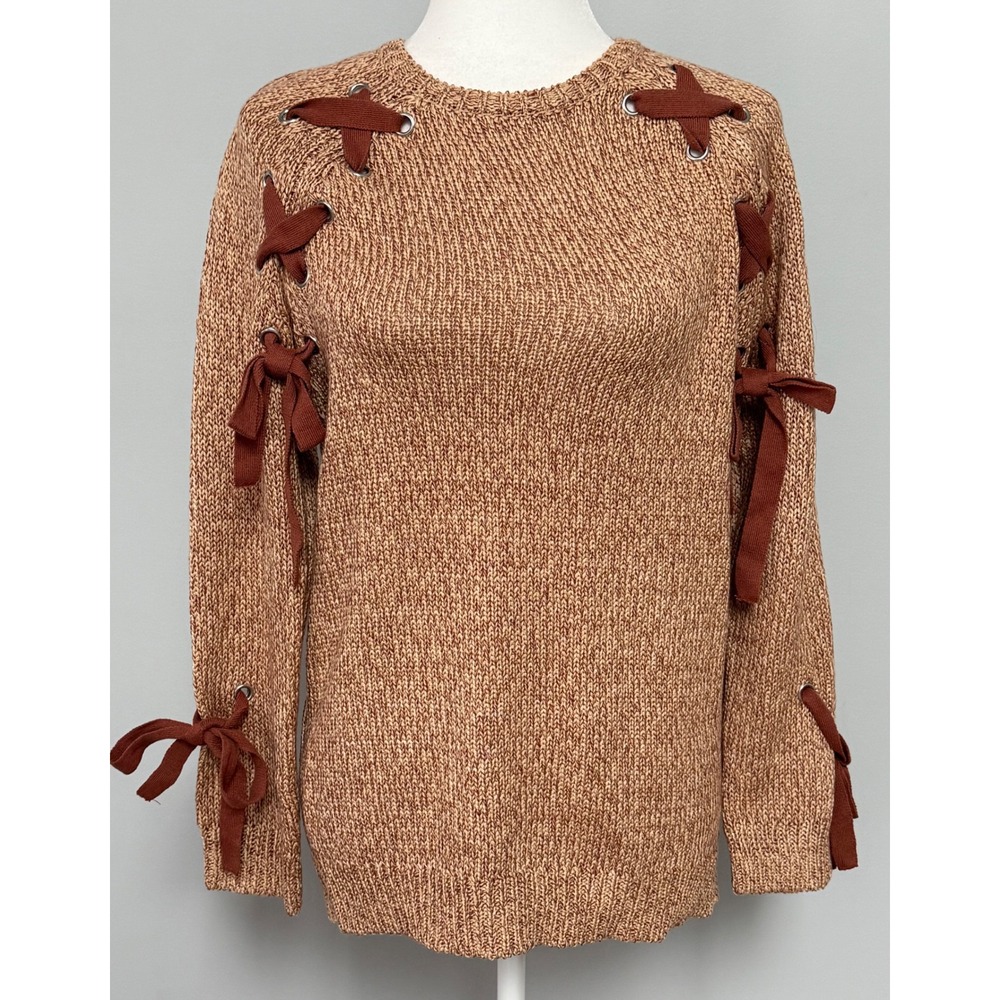 Francescas Taupe Marled Knit Lace Up Pullover‎ Long Sleeve Sweater Sz Small NWT